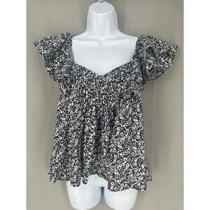 Universal Thread Top Womens XL Black Floral White Ruffle Cottagecore Flowy Boho